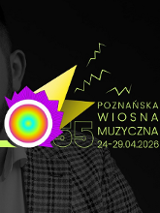 Plakat Poznańskiej Wiosny Muzycznej z czarno-białym portretem muzyka i kolorową grafiką festiwalu.
