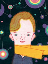 Ilustracja Pawła Pawlaka "Mąły Książę". Postać z zaczesanymi na bok włosami, ma na szyi długi, żółty szalik. Uśmiecha się. Ciemne tło, a na nim wiele kolorowych geometrycznych kształtów, przypominających gwiezdne konstelacje.