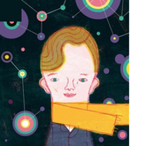 Ilustracja Pawła Pawlaka "Mąły Książę". Postać z zaczesanymi na bok włosami, ma na szyi długi, żółty szalik. Uśmiecha się. Ciemne tło, a na nim wiele kolorowych geometrycznych kształtów, przypominających gwiezdne konstelacje.