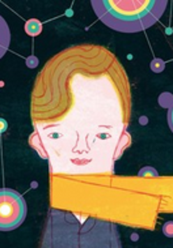 Ilustracja Pawła Pawlaka "Mąły Książę". Postać z zaczesanymi na bok włosami, ma na szyi długi, żółty szalik. Uśmiecha się. Ciemne tło, a na nim wiele kolorowych geometrycznych kształtów, przypominających gwiezdne konstelacje.