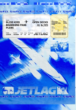 Plakat promujący wydarzenie. Przypomina bilet lotniczy. Dominuje kolor niebieski i biały. W centrum niewyraźny rysunek samolotu.