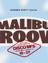 Niebo i brązowy napis na białym tle "Malibu Groove"