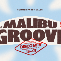 Niebo i brązowy napis na białym tle "Malibu Groove"