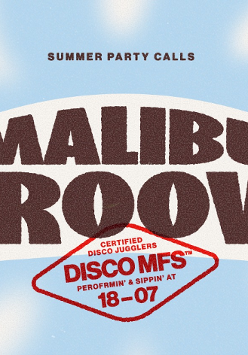 Niebo i brązowy napis na białym tle "Malibu Groove"