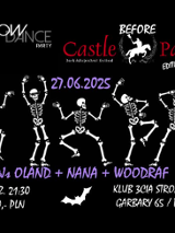 Plakat, który reklamuje imprezę Shadow Dance Party. Na czarnym tle pięć szkieletów w tanecznych pozach, dookoła napisy, które informają o wydarzeniach.