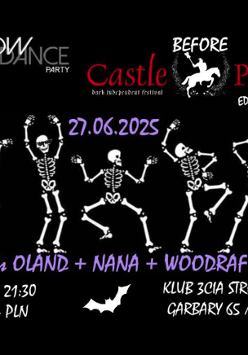 Plakat, który reklamuje imprezę Shadow Dance Party. Na czarnym tle pięć szkieletów w tanecznych pozach, dookoła napisy, które informają o wydarzeniach.