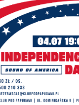 Plakat reklamujący Independence Day Sound of America w Klubie pod Papugami nawiązuje kolorystyką i symboliką do amerykańskiej flagi.
