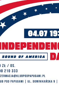 Plakat reklamujący Independence Day Sound of America w Klubie pod Papugami nawiązuje kolorystyką i symboliką do amerykańskiej flagi.