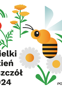 Infografika przedstawia pszczołę wśród kwiatów napis Wielki Dzień Pszczół 2024