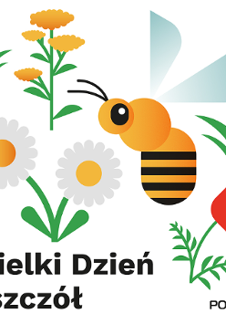 Pszczoła wśród 3 kwiatów i napis Wielki Dzień Pszczół