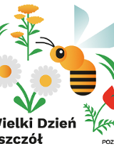 Pszczoła wśród 3 kwiatów i napis Wielki Dzień Pszczół