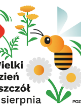 Pszczoła wśród 3 kwiatów i napis Wielki Dzień Pszczół