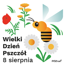 Pszczoła wśród 3 kwiatów i napis Wielki Dzień Pszczół