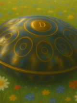 Grafika Handpana leżącego na zielonej łące z kwiatami.