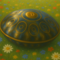 Grafika Handpana leżącego na zielonej łące z kwiatami.