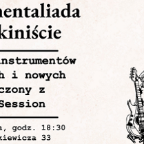 Baner, któy reklamuje koncert Instrumentaliada w Bukiniście. Po prawej stronie stos ułożony z różnych instrumentów, po lewej napisy, które informują o wydarzeniu.