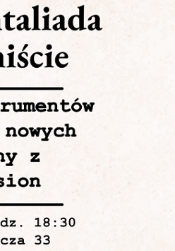 Baner, któy reklamuje koncert Instrumentaliada w Bukiniście. Po prawej stronie stos ułożony z różnych instrumentów, po lewej napisy, które informują o wydarzeniu.