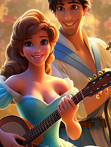 Roześmiane bajkowe postacie, jedna z nich trzyma w dłoniach gitarę.
