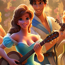 Roześmiane bajkowe postacie, jedna z nich trzyma w dłoniach gitarę.
