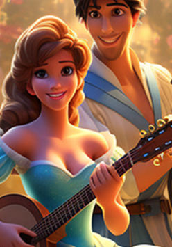 Roześmiane bajkowe postacie, jedna z nich trzyma w dłoniach gitarę.