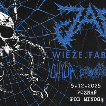 Plakat koncertu zespołów metalowych z motywem czaszki w pajęczynie. Widoczny napis: "ŻAL, Wieże Fabryk, Ohyda, 5.12.2025, Poznań, Pod Minogą". Tło czarne z niebieskimi elementami.