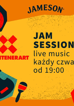 Plakat informacyjny o cyklu Jam Session w KontenerART. Live music w każdy czwartek od 19.00. Plakat jest czerwono-żółty. Na tle rozrzucone są rysunki, które przedstawiają różne instrumenty muzyczne.