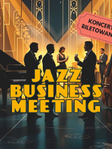 Grafika, osoby elegancko ubrane, które stoją pomiędzy instrumentami, obok napisy informujące o wydarzeniu.