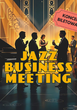 Grafika, osoby elegancko ubrane, które stoją pomiędzy instrumentami, obok napisy informujące o wydarzeniu.