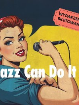 Rysunkowa postać kobiety trzymającej w dłoni mikrofon. Na głowie ma czerwoną chustkę w białe kropki. Żółto-czarne tło.