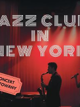 Artyści jazzowi na scenie, napisy informujące o wydarzeniu.