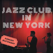 Artyści jazzowi na scenie, napisy informujące o wydarzeniu.