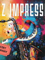 Rysunek saksofonu, który oplata wstęga z klawiszy fortepianowych, na kolorowym tle. Na obrazku również informacje o koncercie jazzowym.