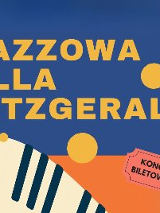 Żółty napis "Jazzowa Ella Fitzgerald" na granatowo-pomarańczowym tle. W lewym dolnym rogu fragment klawiatury pianina.