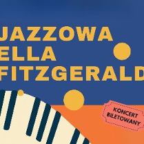 Żółty napis "Jazzowa Ella Fitzgerald" na granatowo-pomarańczowym tle. W lewym dolnym rogu fragment klawiatury pianina.