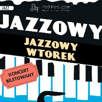 Na obrazku przedstawiony jest logotyp lub okładka wydarzenia o nazwie "Jazzowy Wtorek". Logo wykonane zostało w stylizowanej formie z użyciem elementów związanych z dżezem: niebieskie tło z rysunkiem klawiszy fortepianu.
