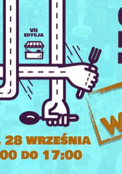 Niebieski plakat w kreatywnej realizacji. Widnieje na nim wiele rąk z kulinarnymi potrawami. Pomiędzy nimi znajduje się informacja o wydarzeniu.