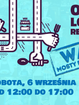 Turkusowe tło. Na nim grafika wyciągniętych rąk, które przeplatają się. Przypominają pasy ulic. W dłoniach trzymają sztuće, tackę na jedzenie. Pod rysunkiem niebieski napis "Sobota, 6 września, od 12:00 do 17:00". Po prawej stronie przybita pieczątka "Warta. Mosty Berdychowskie".