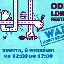 Turkusowe tło. Na nim grafika wyciągniętych rąk, które przeplatają się. Przypominają pasy ulic. W dłoniach trzymają sztuće, tackę na jedzenie. Pod rysunkiem niebieski napis "Sobota, 6 września, od 12:00 do 17:00". Po prawej stronie przybita pieczątka "Warta. Mosty Berdychowskie".