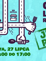 Baner, na niebieskim tle abstraksyjne krzyzujące się ręce trzymające widelec i łyżkę, z boku różna napisy