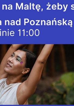 Zdjęcie ćwiczącej kobiety, nad nim napis, informujący o wydarzeniu.