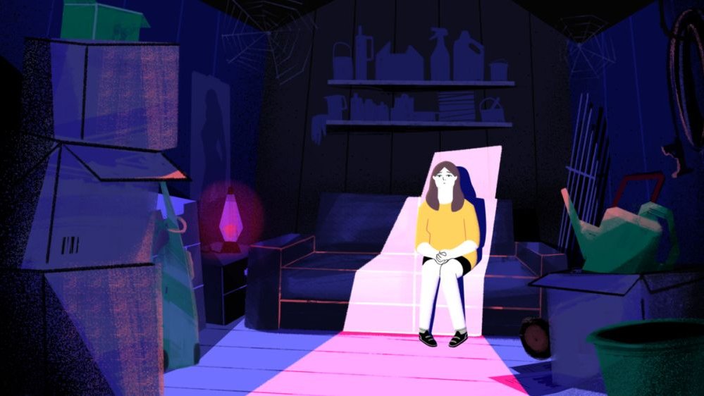 Rysunkowa postać dziewczyny siedzi w ciemnym pokoju w plamie światła.