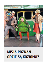 Grafika przedstawia trzy postaci, w tle zielony tramwaj, postać pośrodku przebrana za rzeźbę Bamberki