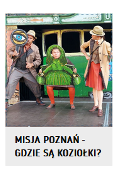 Grafika przedstawia trzy postaci, w tle zielony tramwaj, postać pośrodku przebrana za rzeźbę Bamberki