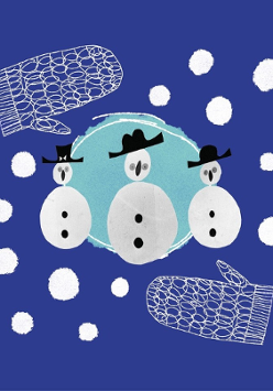 Grafika na granatowym tle przedstawiająca trzy postaci - bałwanki, umieszczone w centralnym, turkusowym okręgu. Wokół widoczne są białe kropki przypominające śnieg oraz ilustracje jednopalczastych rękawiczek.