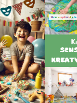 Plakat, który promuje Karnawałową SensoBawialnię Kreatywnego Smyka. Roześmiane dzieci siedzą na podłodze, obok zdjęcia pracowni oraz napisy informujące o wydarzeniu.