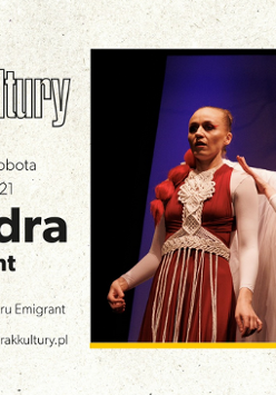 Plakat baraku kultury - spektakl Kasandra, z boku zdjęcie artystów na scenie. Szczegółowe informacje z plakatu podane są w treści artykuły.