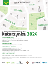 To plakat promujący wydarzenie o nazwie "Katarzynka 2024". Na plakacie wymienieni są również partnerzy wydarzenia, w tym Panorama, Crafty Models, Time 4BUS i Genesis MoBo. Wskazuje on, że będą dostępne bezpłatne usługi shuttle między lokalizacjami wydarzenia, korzystając zarówno z nowoczesnych, jak i historycznych tramwajów i autobusów. Plakat zawiera również ilustracje tramwajów, autobusów i innych obrazów związanych z transportem.