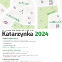 To plakat promujący wydarzenie o nazwie "Katarzynka 2024". Na plakacie wymienieni są również partnerzy wydarzenia, w tym Panorama, Crafty Models, Time 4BUS i Genesis MoBo. Wskazuje on, że będą dostępne bezpłatne usługi shuttle między lokalizacjami wydarzenia, korzystając zarówno z nowoczesnych, jak i historycznych tramwajów i autobusów. Plakat zawiera również ilustracje tramwajów, autobusów i innych obrazów związanych z transportem.