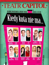 Rysunkowy różowy domek z czarnym dachem. Na dachu napis "Kiedy kota nie ma...". Na domu białe okna, w których widnieją sylwetki aktorów teatralnych.