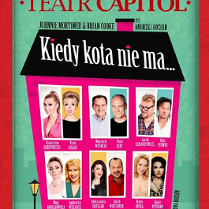 Rysunkowy różowy domek z czarnym dachem. Na dachu napis "Kiedy kota nie ma...". Na domu białe okna, w których widnieją sylwetki aktorów teatralnych.